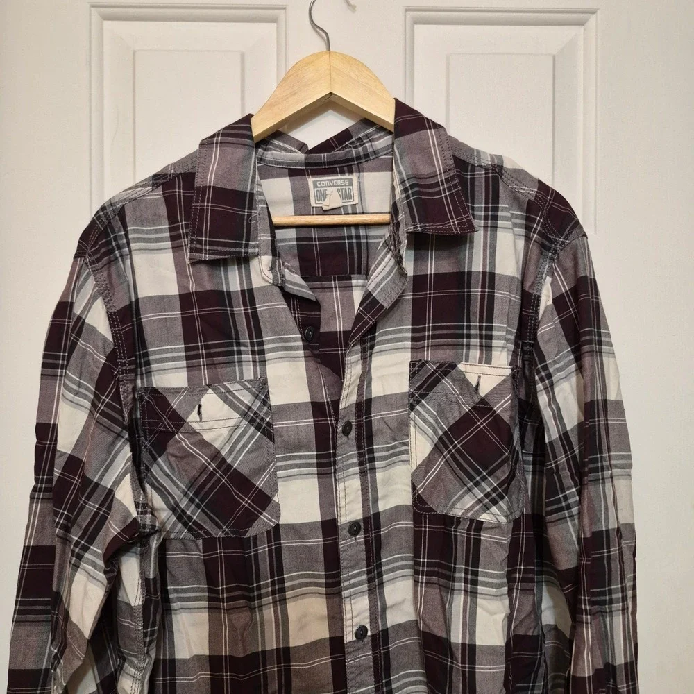 Converse One Star Mens XL Plaid Button Up Shirt Purple White Long Sleeve Casual